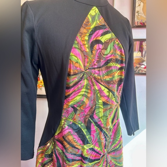 Vintage Late 60s/Early 70s Psychedelic Flocked Panel Gown with Stretch Bodice XL - Picture 5 of 7